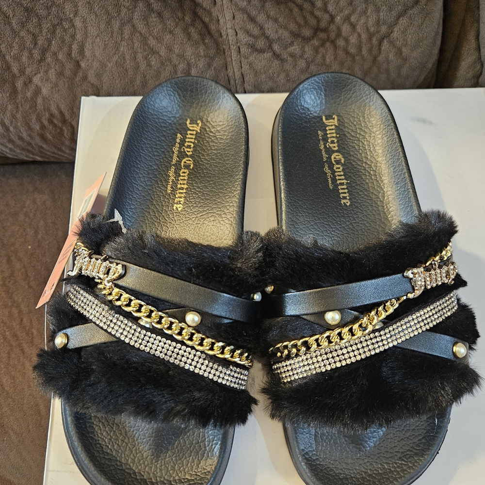 NWT Juicy Couture Styx Black Fur Slide Sandals Size 6